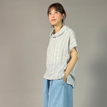 【備後絣】藍染め　オフタートルフレンチブラウス　文人絣　白の画像