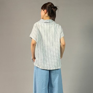 【備後絣】藍染め　オフタートルフレンチブラウス　文人絣　白の画像