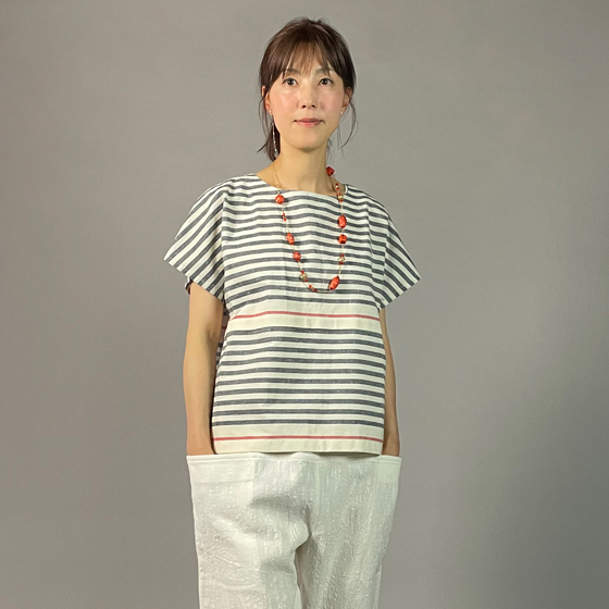 【遠州綿紬】フレンチマリンブラウス　大名縞　白の画像