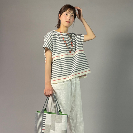 【遠州綿紬】フレンチマリンブラウス　大名縞　白の画像