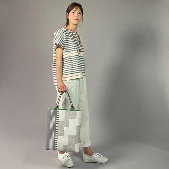 【遠州綿紬】フレンチマリンブラウス　大名縞　白の画像