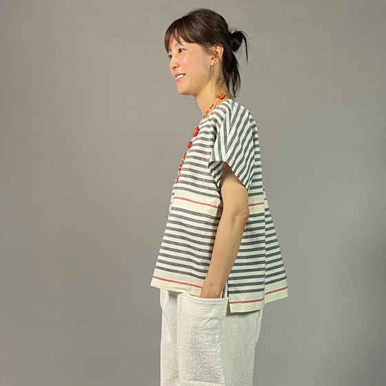 【遠州綿紬】フレンチマリンブラウス　大名縞　白の画像