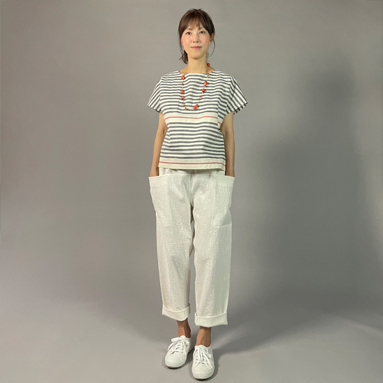 【遠州綿紬】フレンチマリンブラウス　大名縞　白の画像