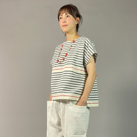 【遠州綿紬】フレンチマリンブラウス　大名縞　白の画像