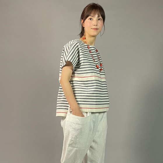 【遠州綿紬】フレンチマリンブラウス　大名縞　白の画像