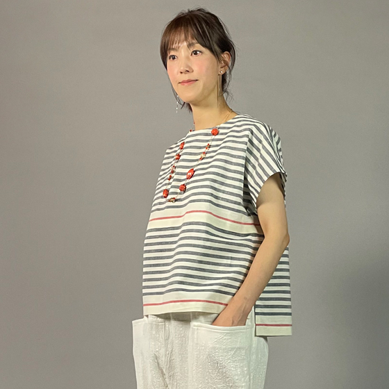 【遠州綿紬】フレンチマリンブラウス　大名縞　白の画像