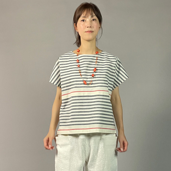 【遠州綿紬】フレンチマリンブラウス　大名縞　白の画像