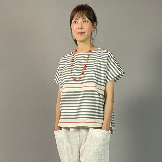 【遠州綿紬】フレンチマリンブラウス　大名縞　白の画像