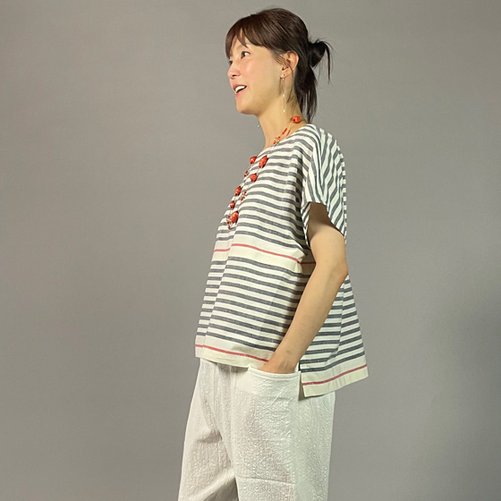 【遠州綿紬】フレンチマリンブラウス　大名縞　白の画像