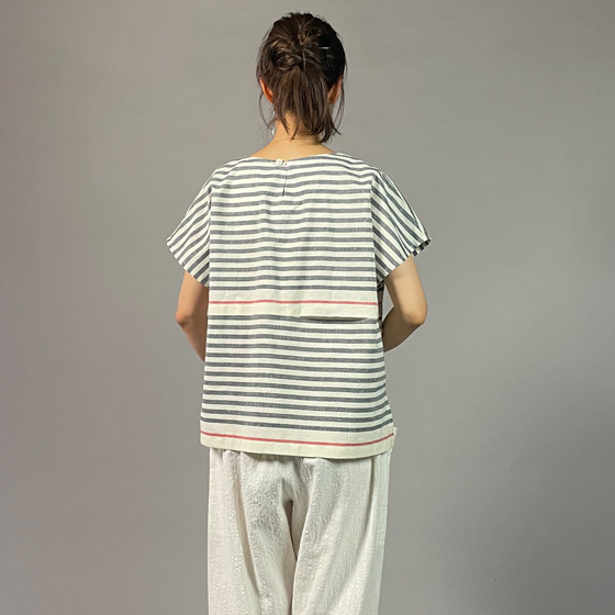 【遠州綿紬】フレンチマリンブラウス　大名縞　白の画像