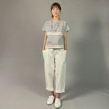 【遠州綿紬】フレンチマリンブラウス　大名縞　白の画像