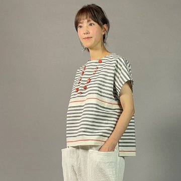 【遠州綿紬】フレンチマリンブラウス　大名縞　白の画像