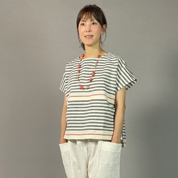 【遠州綿紬】フレンチマリンブラウス　大名縞　白の画像