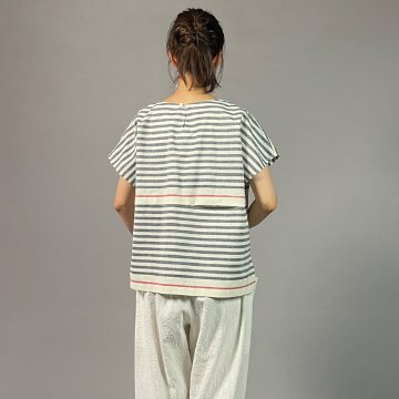 【遠州綿紬】フレンチマリンブラウス　大名縞　白の画像