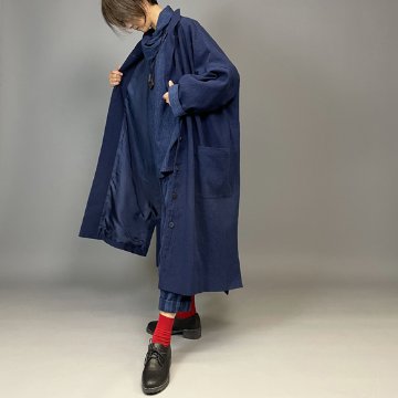 【備後絣】ステンカラービッグコート　藍染め　濃紺スラブ　裏地付き＊袖口布＝小格子画像