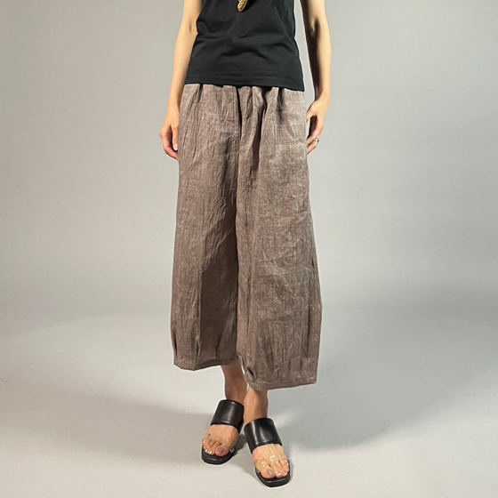 【近江ちぢみ】麻100％ワイドタックパンツ　うす茶の画像