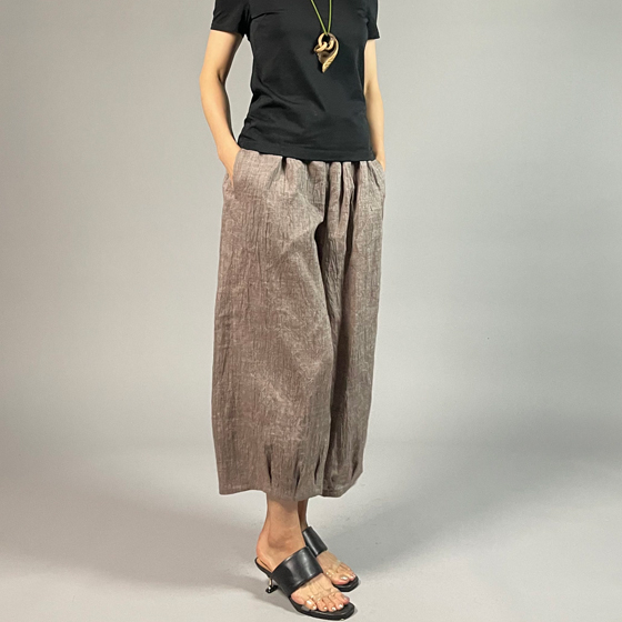 【近江ちぢみ】麻100％ワイドタックパンツ　うす茶の画像