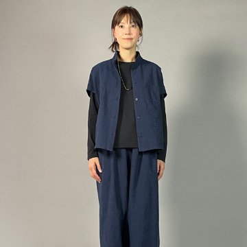 【亀田縞】フレンチ袖　前開きブラウス　ワッシャー紺の画像