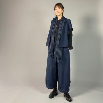 【亀田縞】フレンチ袖　前開きブラウス　ワッシャー紺の画像