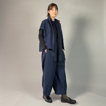【亀田縞】フレンチ袖　前開きブラウス　ワッシャー紺の画像