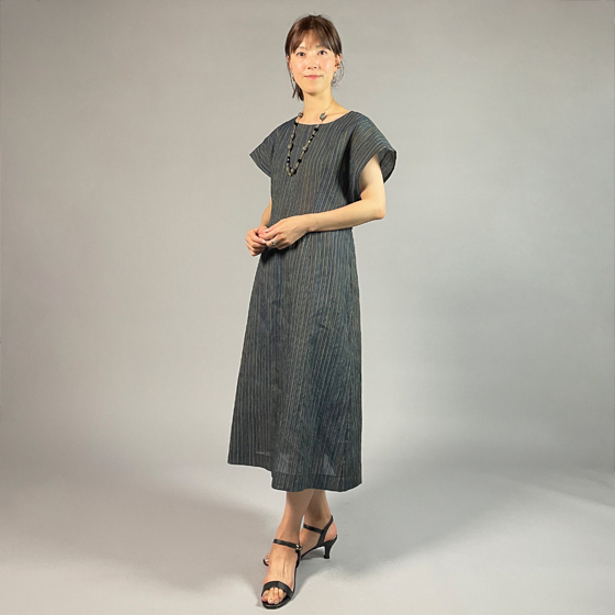 近江ちぢみ】麻100％ フレンチスリーブワンピース 多色縞｜工房 徳元