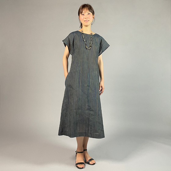 【近江ちぢみ】麻100％　フレンチスリーブワンピース　多色縞の画像