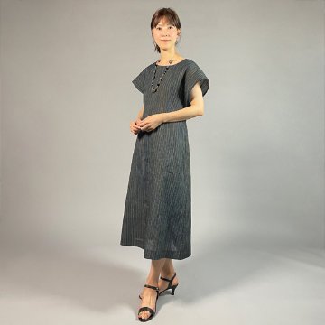 【近江ちぢみ】麻100％　フレンチスリーブワンピース　多色縞の画像