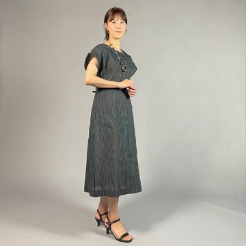 【近江ちぢみ】麻100％　フレンチスリーブワンピース　多色縞の画像