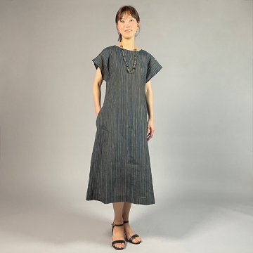 【近江ちぢみ】麻100％　フレンチスリーブワンピース　多色縞の画像