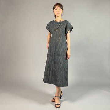 【近江ちぢみ】麻100％　フレンチスリーブワンピース　多色縞の画像