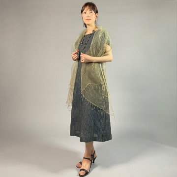 【近江ちぢみ】麻100％　フレンチスリーブワンピース　多色縞の画像