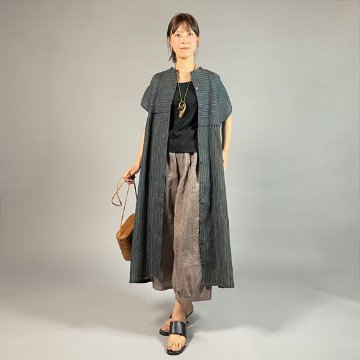 【近江ちぢみ】麻100％　段違い前開きワンピース　多色縞の画像