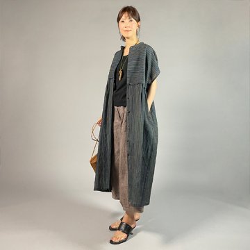 【近江ちぢみ】麻100％　段違い前開きワンピース　多色縞の画像