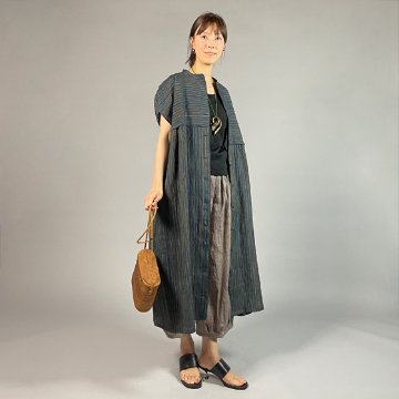 【近江ちぢみ】麻100％　段違い前開きワンピース　多色縞の画像
