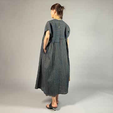 【近江ちぢみ】麻100％　段違い前開きワンピース　多色縞の画像