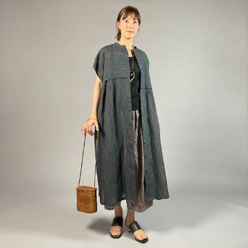 【近江ちぢみ】麻100％　段違い前開きワンピース　多色縞の画像