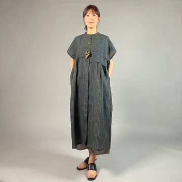 【近江ちぢみ】麻100％　段違い前開きワンピース　多色縞の画像