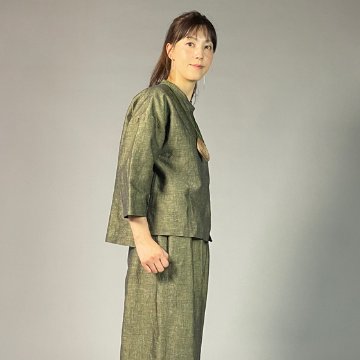 【遠州綿紬】前開き七分袖ブラウス　綿麻ネップ　イエローの画像