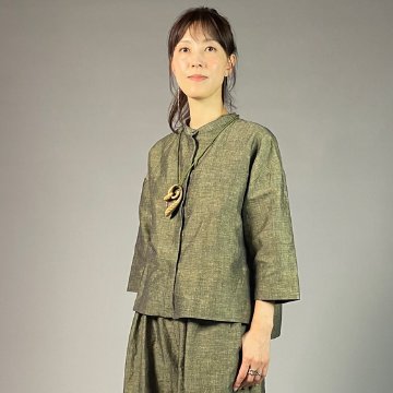 【遠州綿紬】前開き七分袖ブラウス　綿麻ネップ　イエローの画像