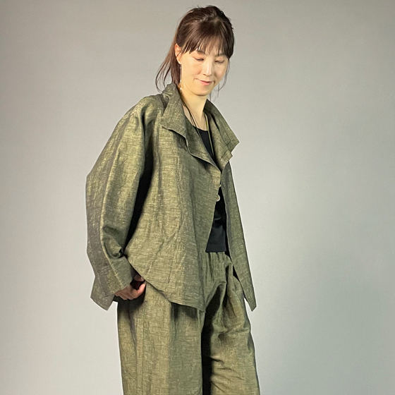 【遠州綿紬】フリスタイルショートジャケット　綿麻ネップ　イエローの画像