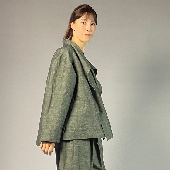 【遠州綿紬】フリースタイルショートジャケット　綿麻ネップ　モスグリーンの画像