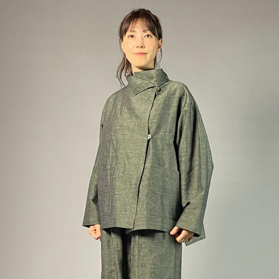 【遠州綿紬】フリースタイルショートジャケット　綿麻ネップ　モスグリーンの画像