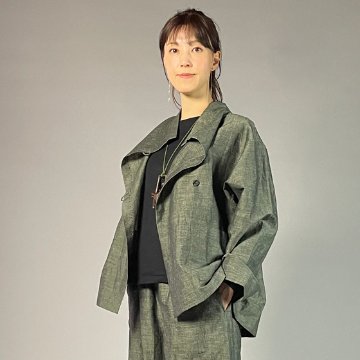 【遠州綿紬】フリースタイルショートジャケット　綿麻ネップ　モスグリーンの画像