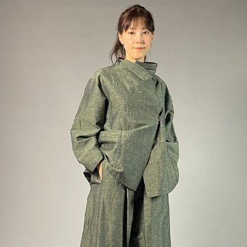 【遠州綿紬】フリースタイルショートジャケット　綿麻ネップ　モスグリーンの画像