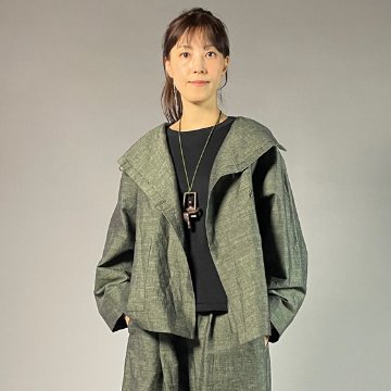 【遠州綿紬】フリースタイルショートジャケット　綿麻ネップ　モスグリーンの画像