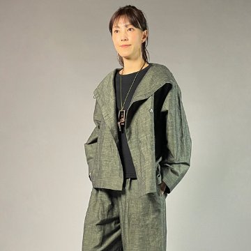 【遠州綿紬】フリースタイルショートジャケット　綿麻ネップ　モスグリーンの画像