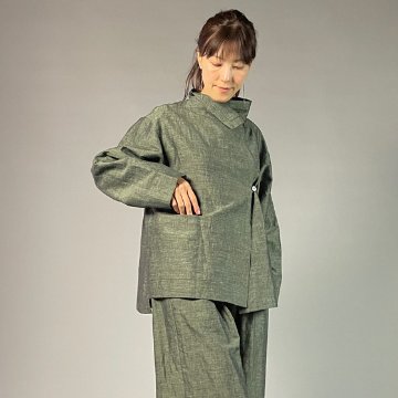 【遠州綿紬】フリースタイルショートジャケット　綿麻ネップ　モスグリーンの画像