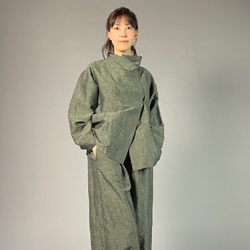 【遠州綿紬】フリースタイルショートジャケット　綿麻ネップ　モスグリーンの画像