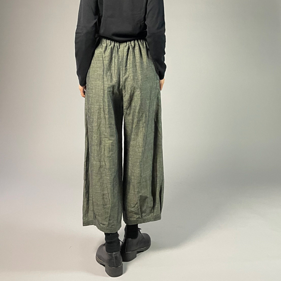 【遠州綿紬】ワイドタックパンツ　綿麻ネップ　モスグリーンの画像