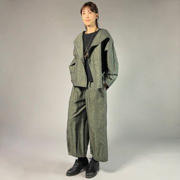 【遠州綿紬】ワイドタックパンツ　綿麻ネップ　モスグリーンの画像
